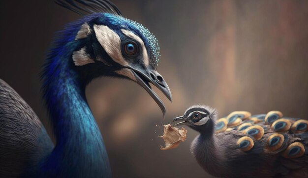 Mutter-Pfau füttert junge Vögel realistisches Foto Ai erzeugte Kunst