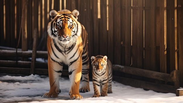 Mutter Tiger und ihr Baby gehen im Schnee