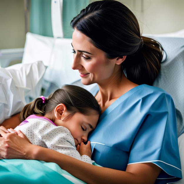 Mutter tröstet ihre kranke Tochter im Krankenhaus Erholung Tochter und umarmt ihre Mutter mit Liebe