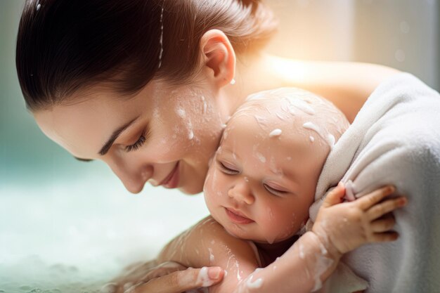 Mutter und Baby beim Baden Liebe und Sorge Gefühle