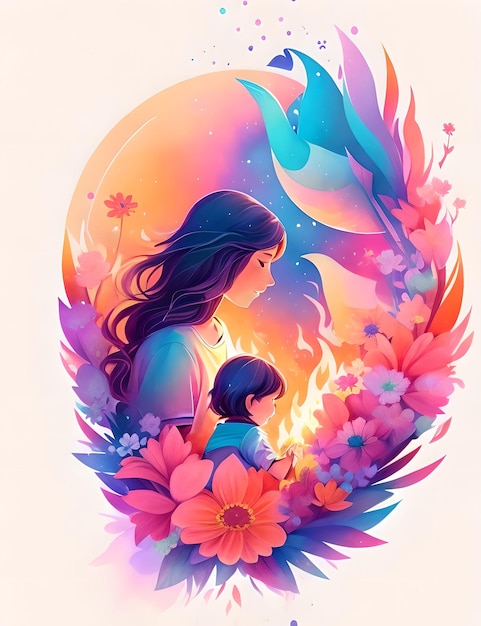 Mutter und ihr Kind mit Fantasieblumen-Illustration