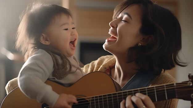 Mutter und ihre kleine Tochter singen, während sie Gitarre spielen. Erstellt mit generativer KI-Technologie