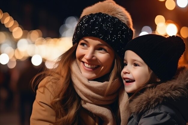 Mutter und Kind auf einem traditionellen Weihnachtsmarkt an einem Winterabend