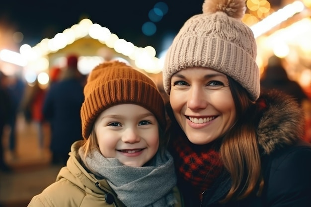 Mutter und Kind auf einem traditionellen Weihnachtsmarkt an einem Winterabend