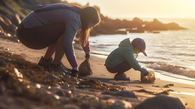 Mutter und Kind befreien die Küste vom Müll. Erstellt mit generativer KI-Technologie
