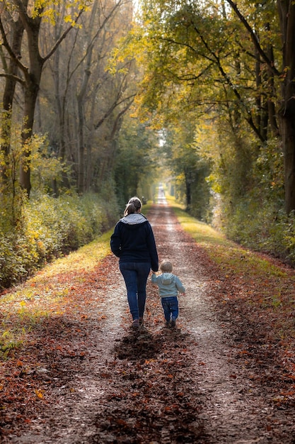 Mutter und Kind gehen Seite an Seite einen friedlichen Weg in einem üppigen Waldgebiet entlang.