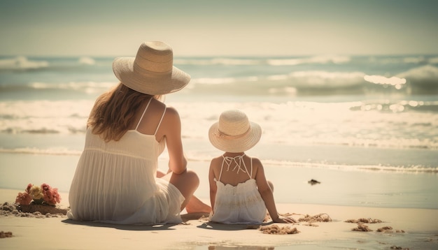 Mutter und Kind genießen einen entspannten Tag am Strand mit Meer und Sonne zum Muttertag