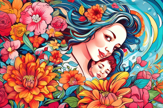 Mutter und Kind Glücklicher Muttertag farbenfrohe Zeichnung mit Blumen