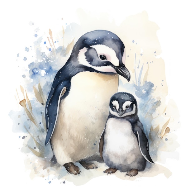 Mutter und Kind Pinguin Clipart auf weißem Hintergrund, KI generiert