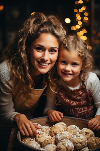 Mutter und Kinder backen Weihnachtsplätzchen. Generative KI