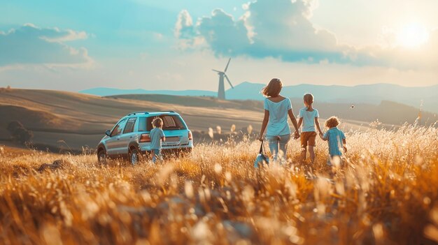 Foto mutter und kinder fahren mit dem auto auf dem feld familie fährt mit dem auto