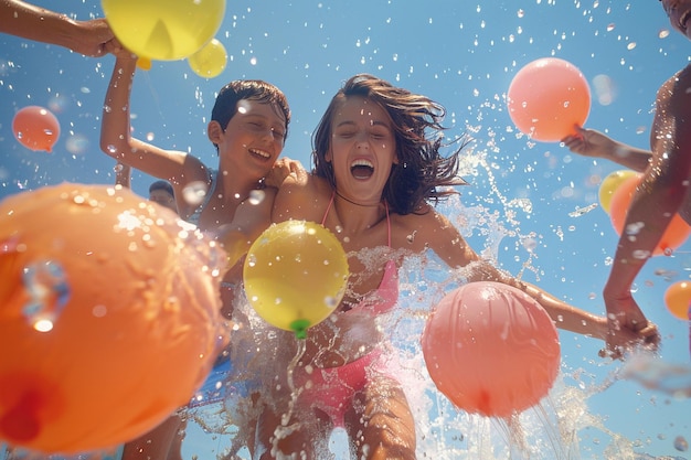 Mutter und Kinder haben einen spielerischen Wasserballonkampf