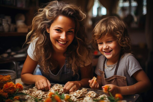 Mutter und Kinder lächeln, während sie zusammen kochen.