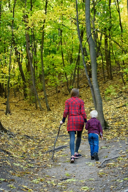 Mutter und Sohn, die in den Herbstwald gehen Rückansicht