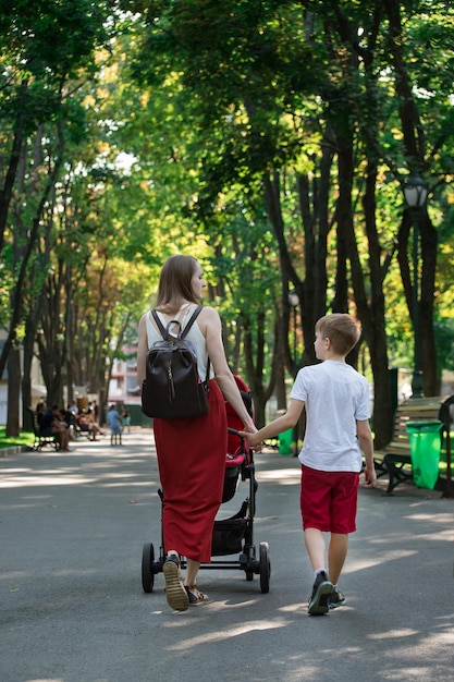 Mutter und Sohn gehen im Park und halten sich an den Händen Mutter mit Kinderwagen und einem älteren Kind Vertikaler Rahmen