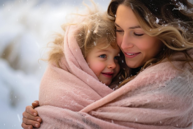 Mutter und Sohn genießen den Winter im Freien