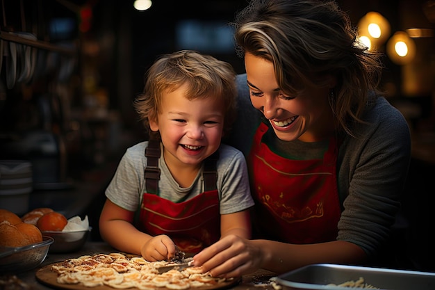 Mutter und Sohn kochen zusammen und teilen sich Lachen und Rezepte generative IA