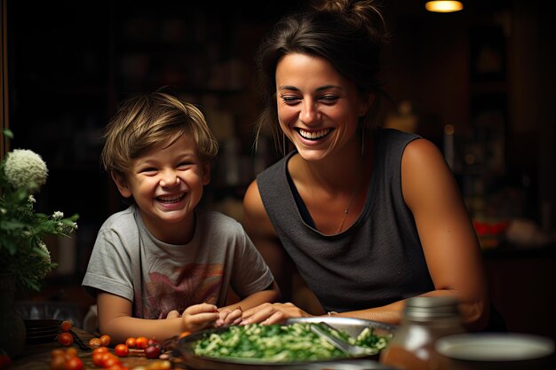 Mutter und Sohn kochen zusammen und teilen sich Lachen und Rezepte generative IA