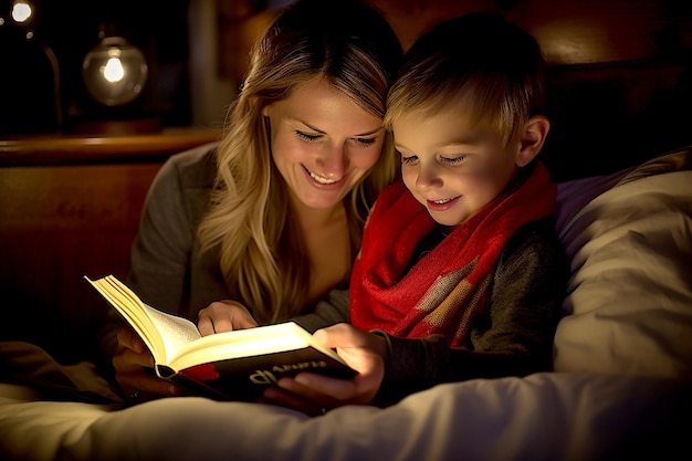 Mutter und Sohn lesen zu Hause im Bett ein Buch und konzentrieren sich auf die Frau
