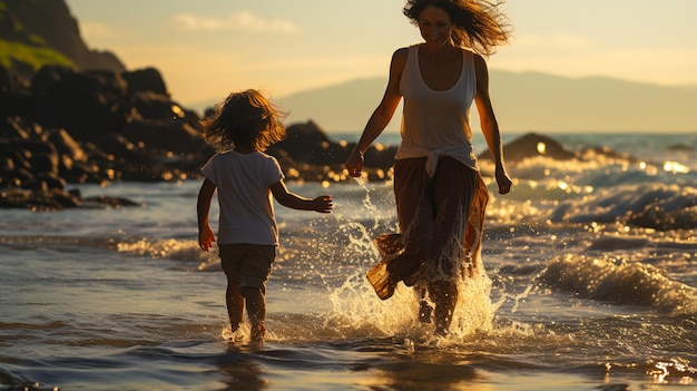 Foto mutter und sohn spielen am abend am strand