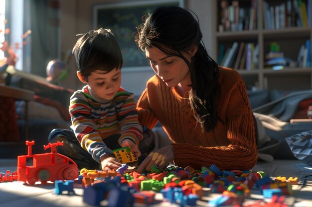 Foto mutter und sohn spielen mit spielzeug