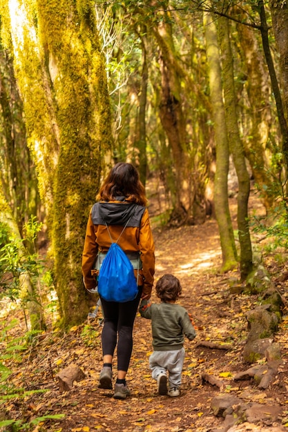 Mutter und Sohn wandern über den Las Creces-Pfad im moosigen Baumwald des Nationalparks Garajonay auf den Kanarischen Inseln La Gomera