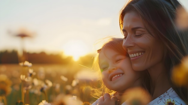 Foto mutter und tochter auf einem feld bei sonnenuntergang