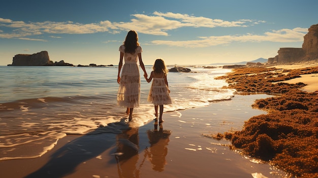 Mutter und Tochter beim Sonnenuntergang am Strand spazieren gehen Konzept der freundlichen Familie generative ai