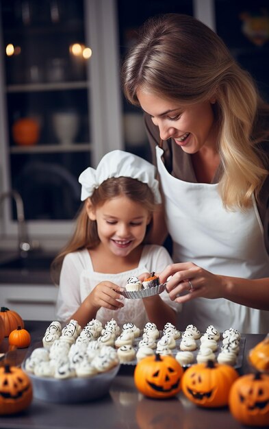 Mutter und Tochter dekorieren Cupcakes für Halloween