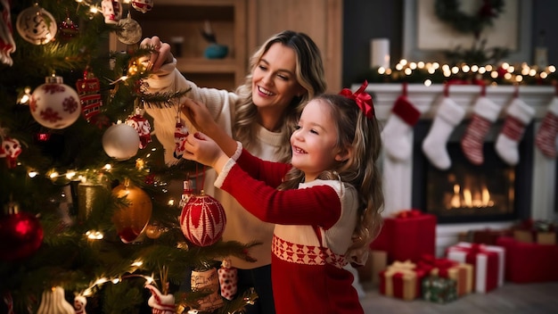Mutter und Tochter dekorieren Weihnachtsbaum
