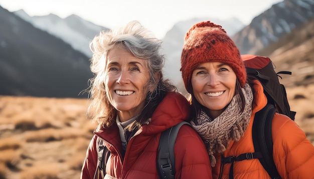 Mutter und Tochter einer Rentnerin machen gemeinsam eine Wanderung