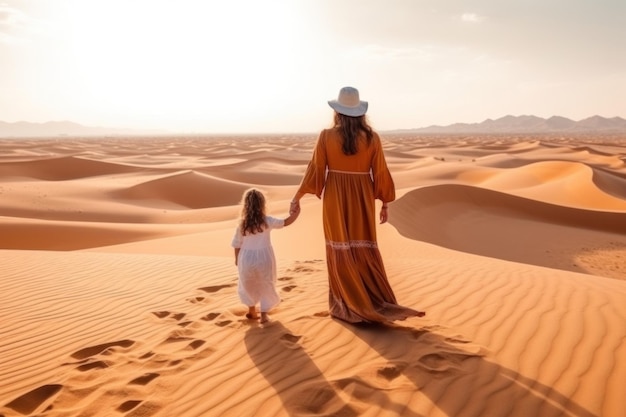 Mutter und Tochter gehen gemeinsam durch die Wüste. Generative KI