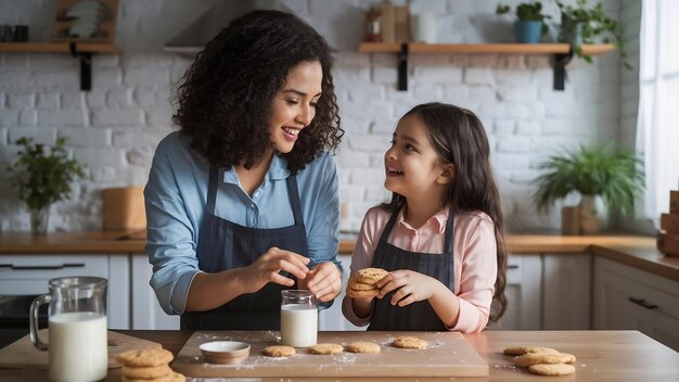 Mutter und Tochter haben Spaß dabei, Kekse mit Milch an einem Tisch in der gemütlichen Küche zuzubereiten