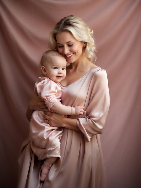 Foto mutter und tochter in rosa seidenkleidungen sanfte liebe vertikales porträt