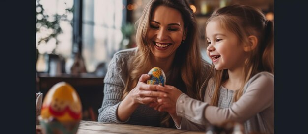 Mutter und Tochter lächeln bei der Malung von Ostereiern