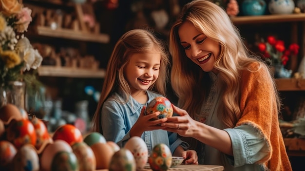 Mutter und Tochter lächeln bei der Malung von Ostereiern