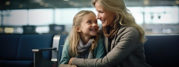 Mutter und Tochter lächeln, während sie auf ein Flugzeug im Wartebereich des Flughafens warten