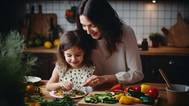 Mutter und Tochter lieben eine glückliche Familie in einer modernen Küche und kochen gesunde Lebensmittel KI Generative KI