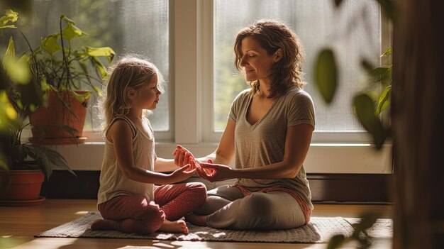 Mutter und Tochter machen zu Hause Yoga