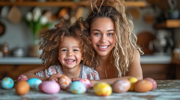 Mutter und Tochter malen Eier, eine glückliche Familie bereitet sich auf Ostern vor