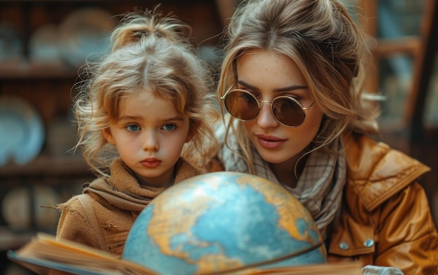 Mutter und Tochter mit Globus