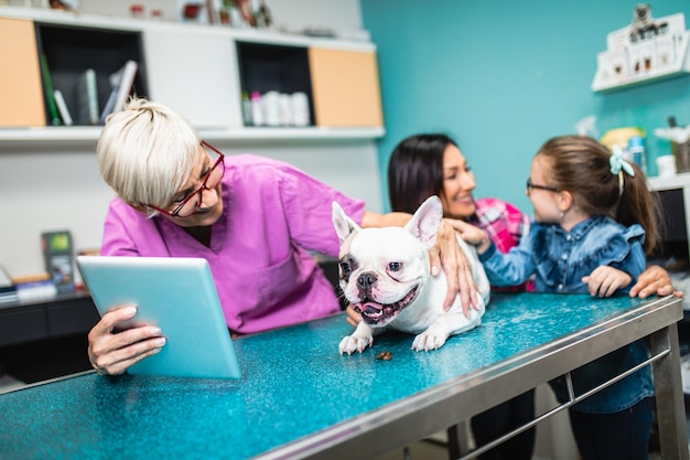 Mutter und Tochter mit ihrer französischen Bulldogge beim Tierarzt.