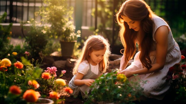 Mutter und Tochter pflanzen Blumen im Garten Generative KI Natur