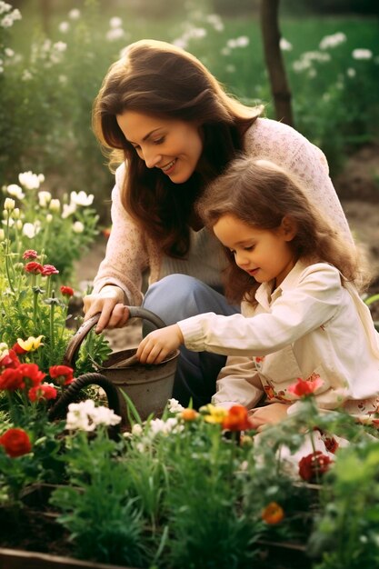 Mutter und Tochter pflanzen Blumen im Garten Generative KI Natur