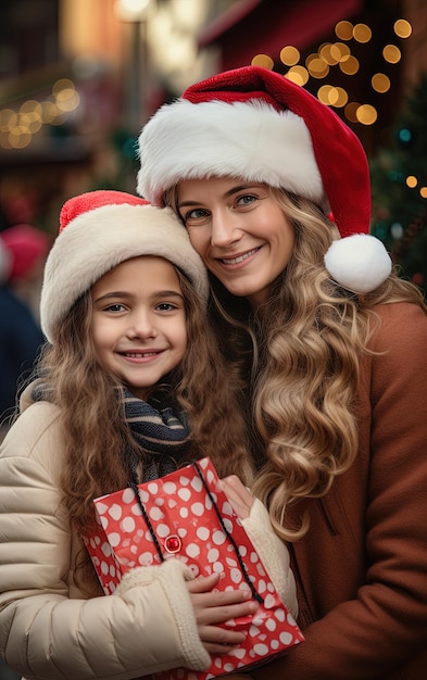 Mutter und Tochter sitzen während der Winterferien unter dem Weihnachtsbaum mit Geschenken