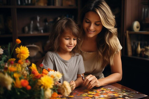 Mutter und Tochter sitzen zu Hause am Tisch und stellen Puzzles zusammen oder machen Cr