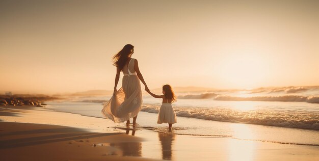 Mutter und Tochter spielen am Strand