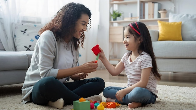 Mutter und Tochter spielen mit Spielzeug