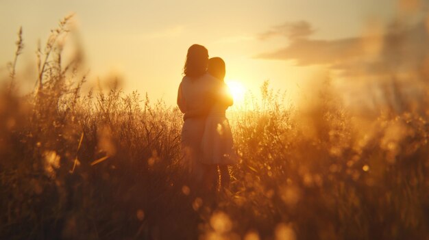 Mutter und Tochter umarmen sich auf einem Feld in den Strahlen der untergehenden Sonne