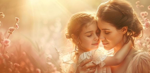 Mutter und Tochter umarmen sich auf einem sonnigen Blumenfeld am Muttertag
